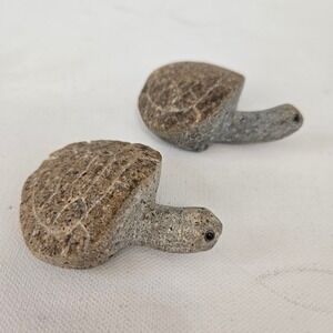 Stone Turtle Figurine Set 2pc Small Gray Brown Hand Carved Decor Paperweight